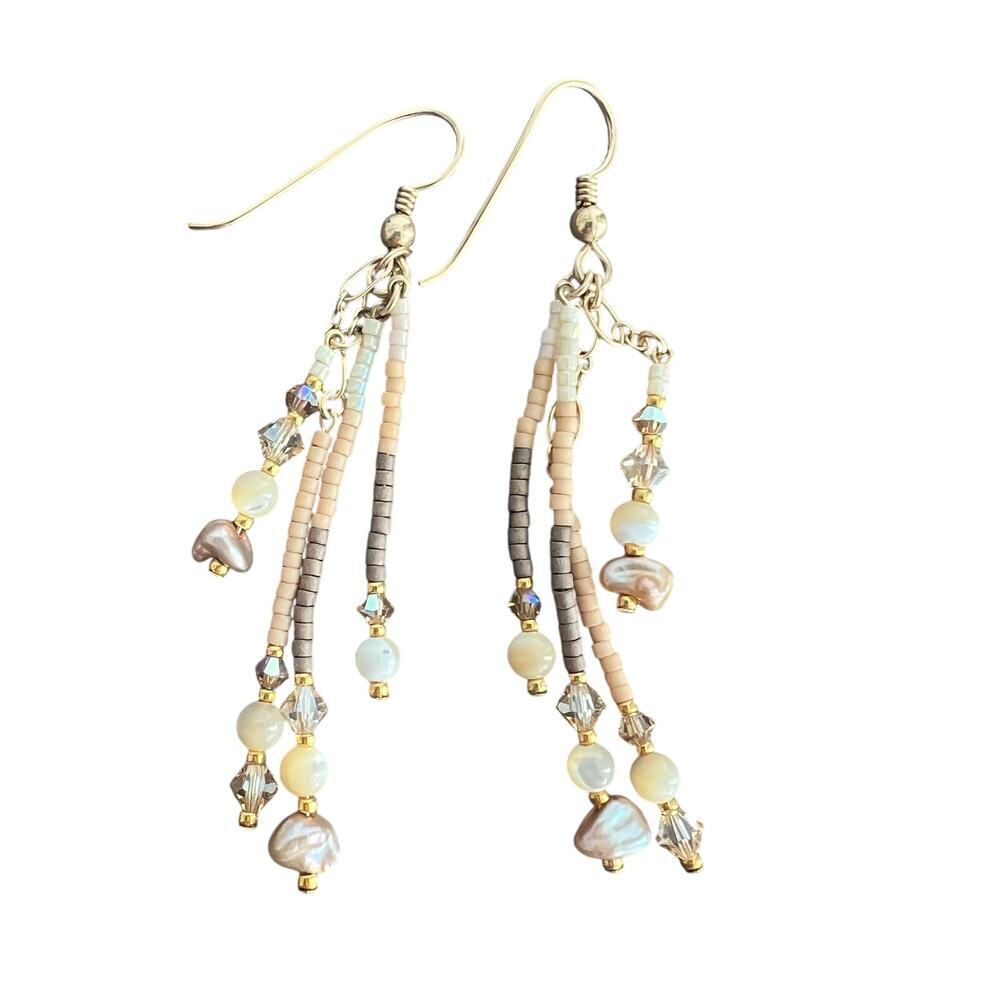 🍭6/$30 Cream beige and tan beaded dangle drop boho multistrand earrings